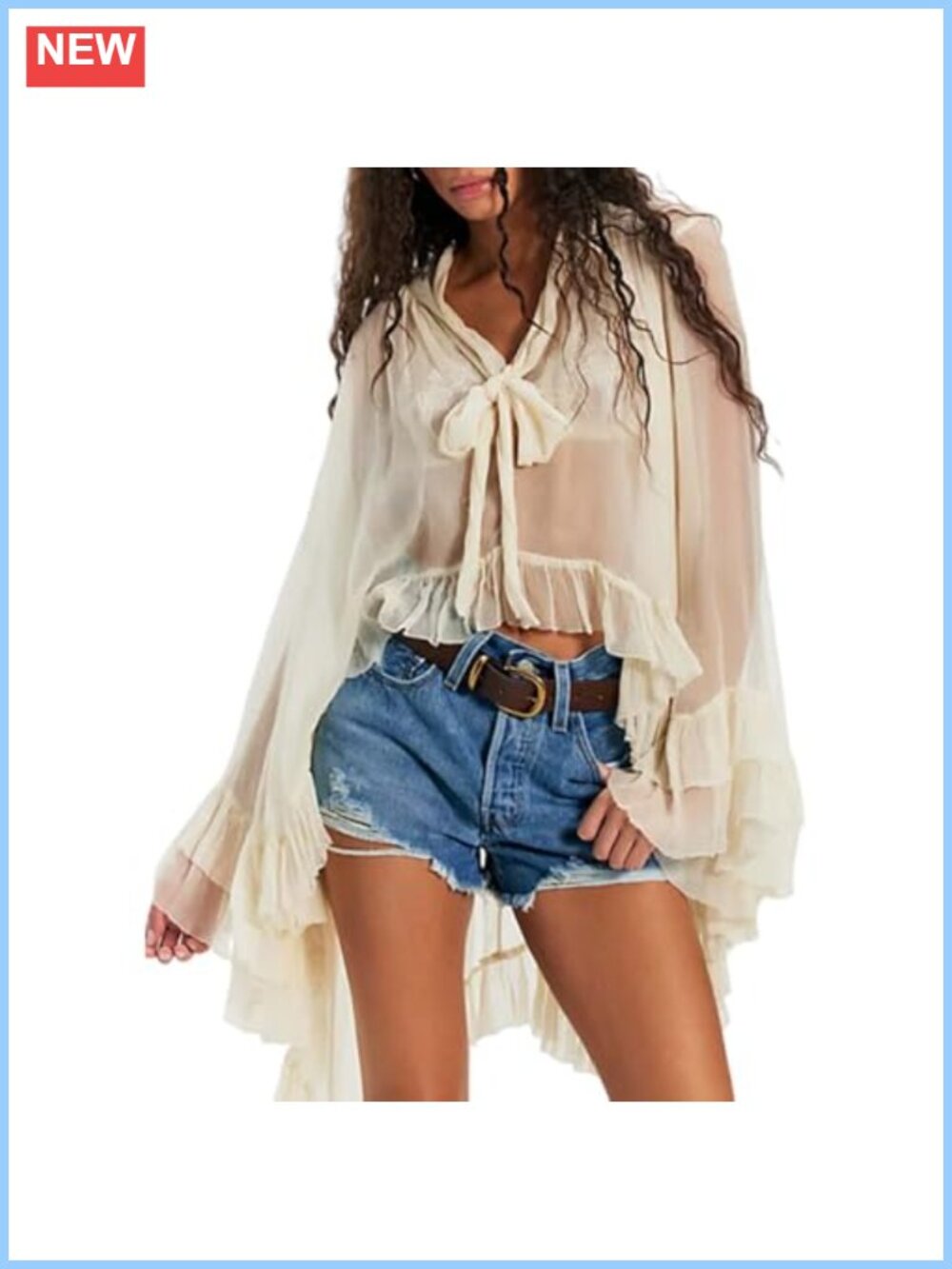 Sheer Chiffon Long Sleeve Blouse Self Tie Neck High Low Hem Flowy Top